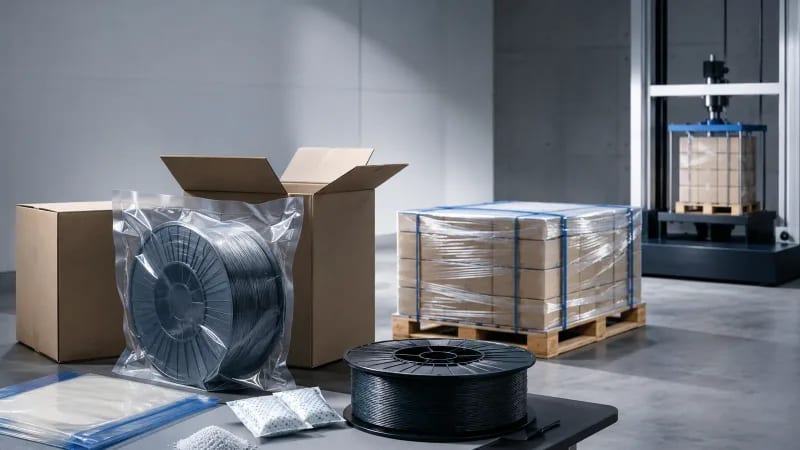 Filament packaging system with spool, vacuum bag, desiccant, cartons, and shipping protection