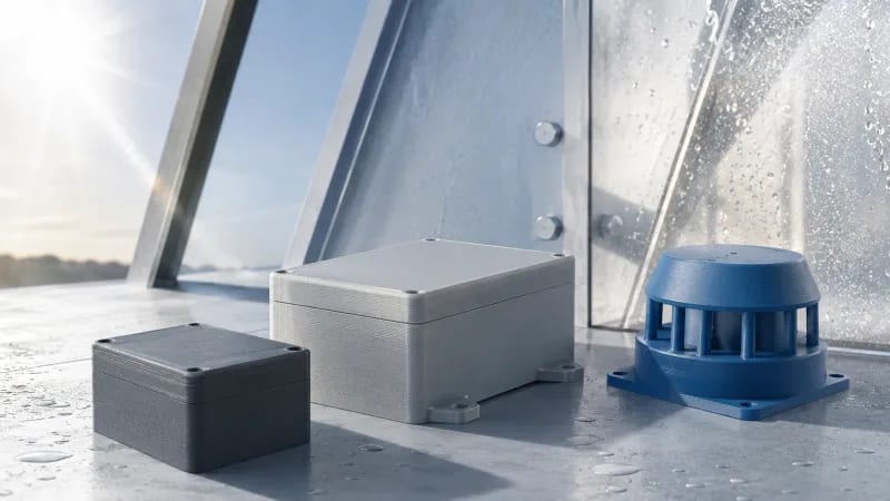 ABS and ASA engineering housings in controlled weather testing