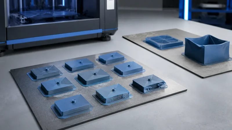 Build plates and printed samples demonstrating adhesion and warped corners