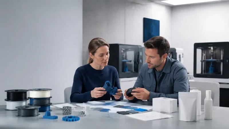 Buyer and manufacturing engineer reviewing filament production samples