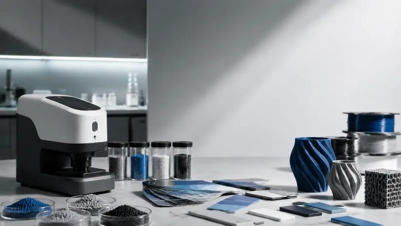 Filament color laboratory with swatches printed samples and measurement tools