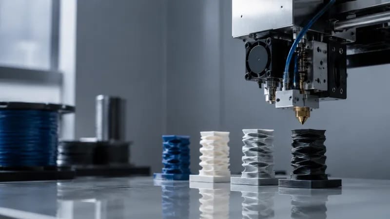 FDM nozzle extrusion and temperature test samples in a materials laboratory