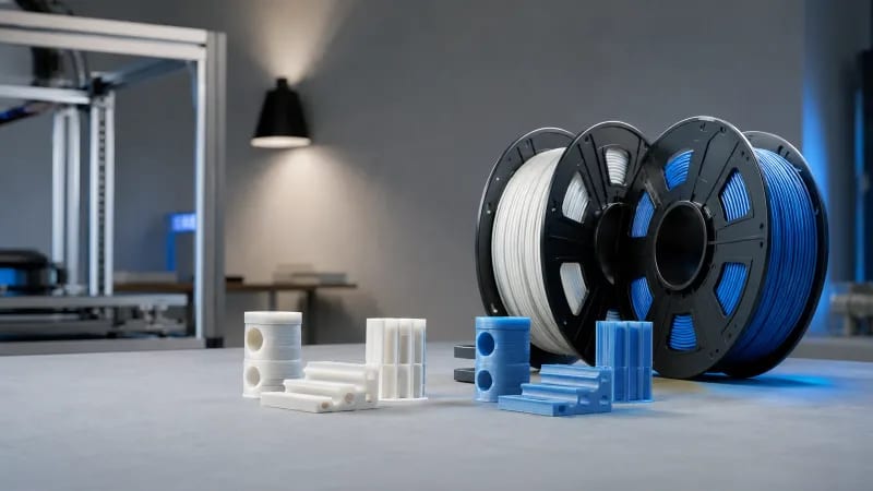 PLA and PETG printed parts arranged for material comparison