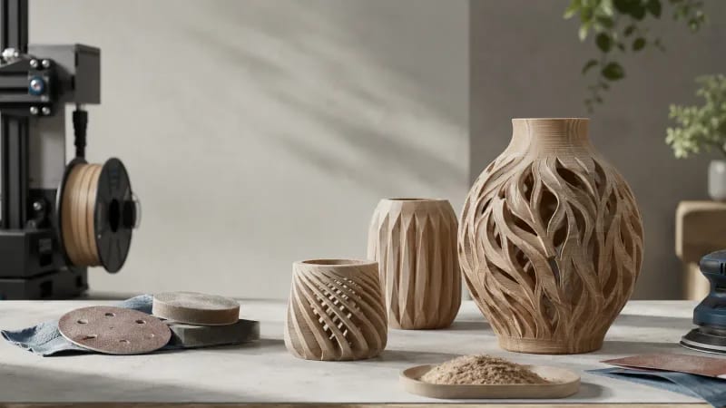 Wood-filled PLA printed decor with sanding and finishing tools