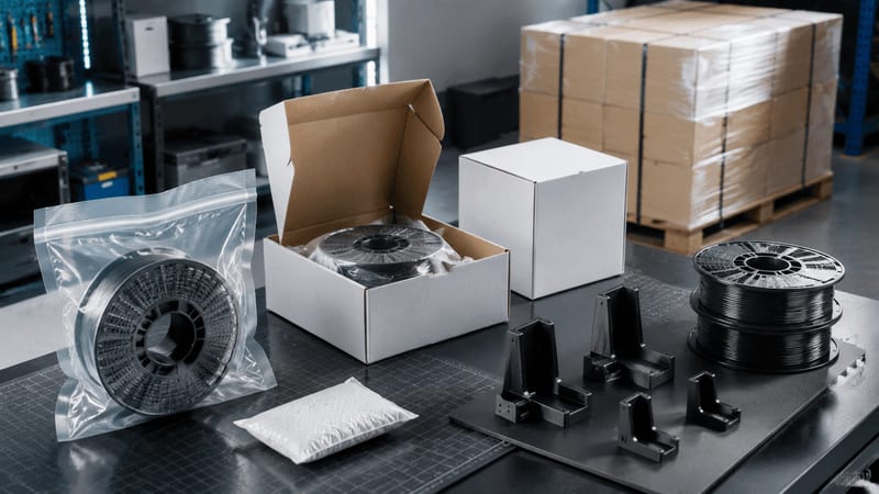 filament spool protection workflow with vacuum bag, desiccant, blank retail box, carton, and logistics samples