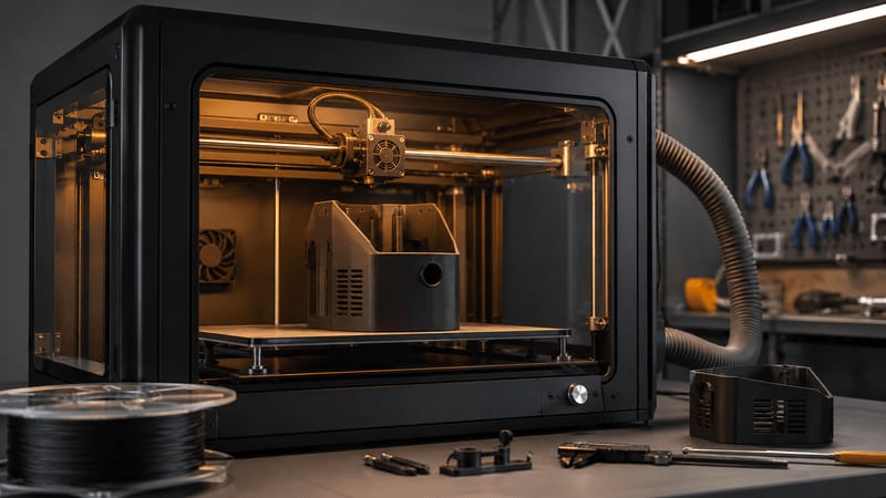 Enclosed FDM printer producing a functional ABS or ASA housing