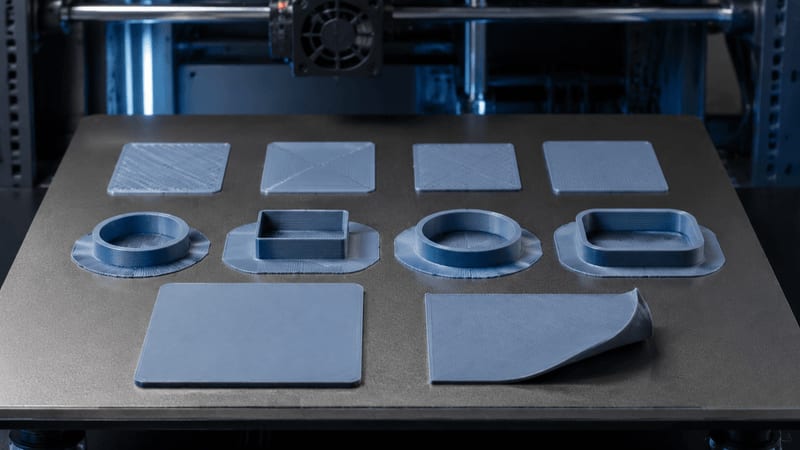 FDM build plate preparation with first-layer samples, brim tests, flat parts, and warped-corner comparison