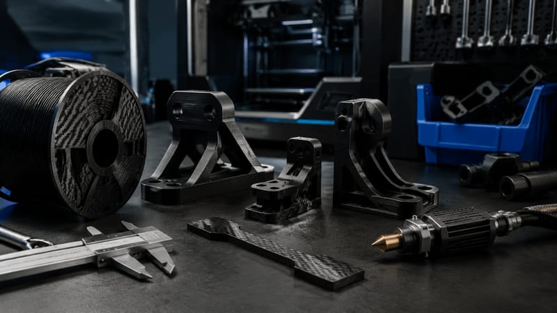 carbon-fiber reinforced brackets, matte fixtures, hardened nozzle, calipers, and load-test coupons