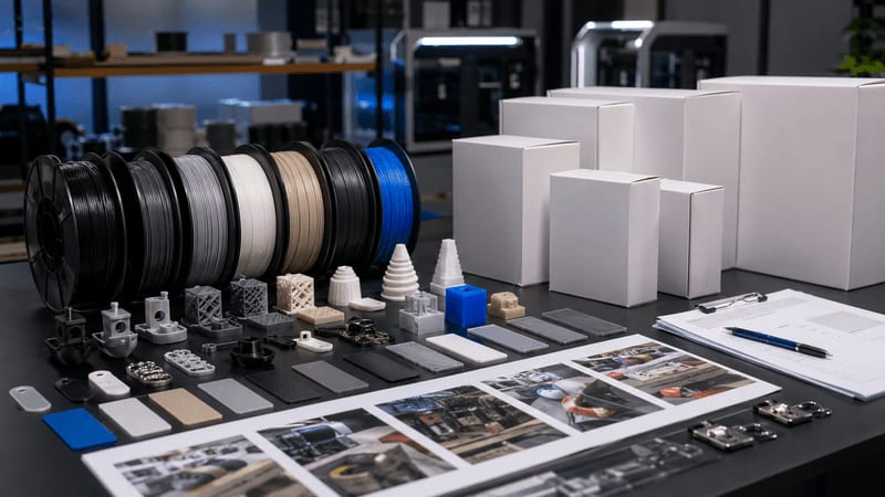 filament samples, quality-control parts, blank packaging prototypes, and procurement review materials