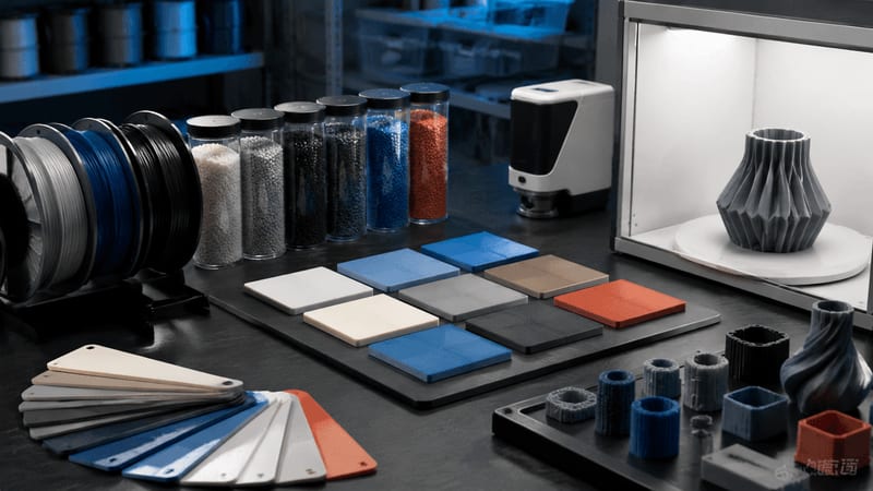 color matching laboratory with filament swatches, printed plaques, pellets, and controlled lighting