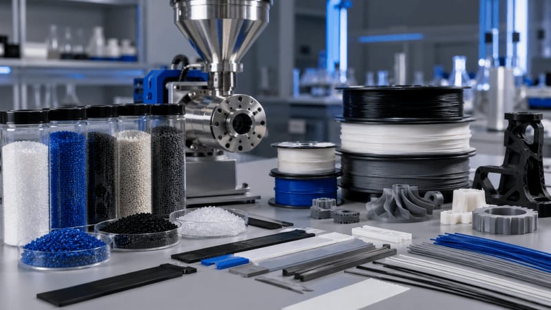 polymer formulation lab with pellets, additives, filament strands, coupons, and sample spools