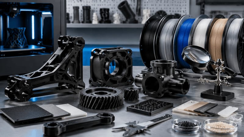 functional brackets, gears, housings, reinforced samples, and inspection tools