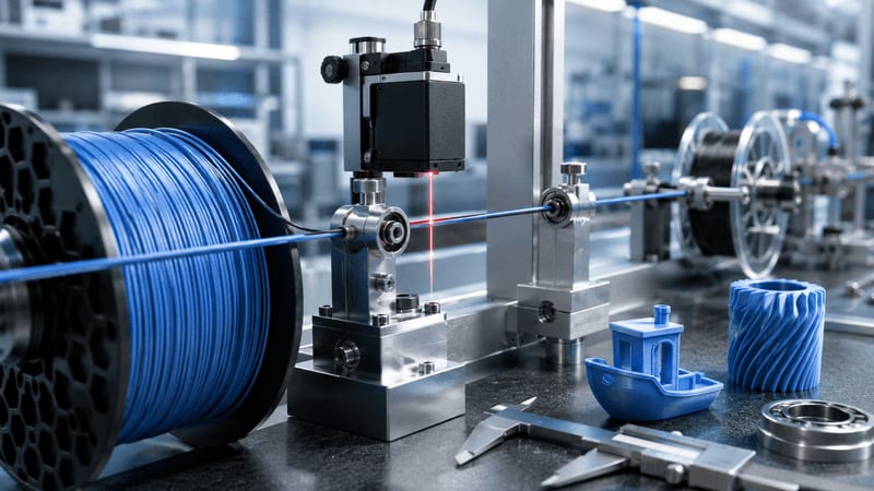 precision filament diameter inspection line with laser gauge, calipers, sample spool, and QC station