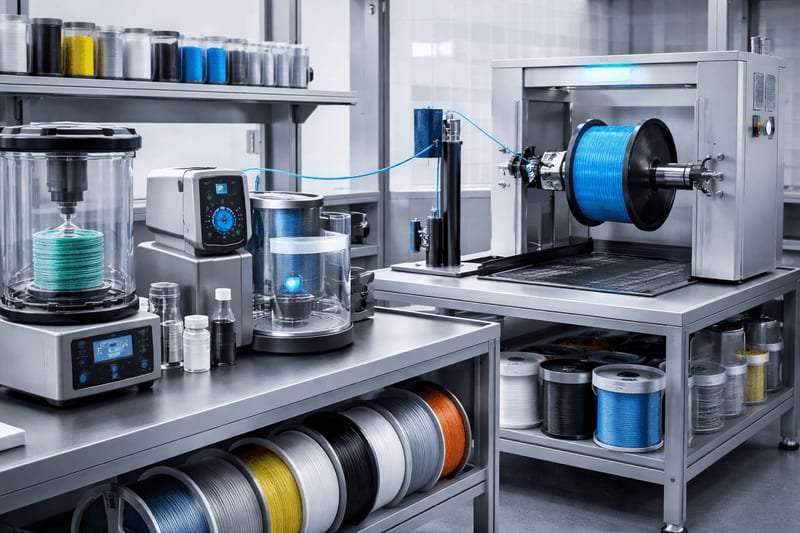 factory quality-control station with winding inspection, printed validation parts, moisture testing, and laser gauge