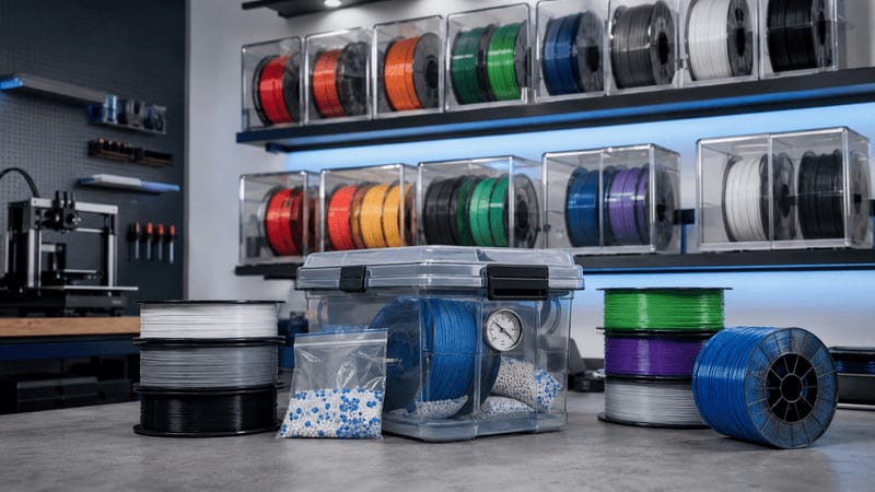 sealed filament dry boxes, desiccant, hygrometer, protected spools, and organized workshop shelves