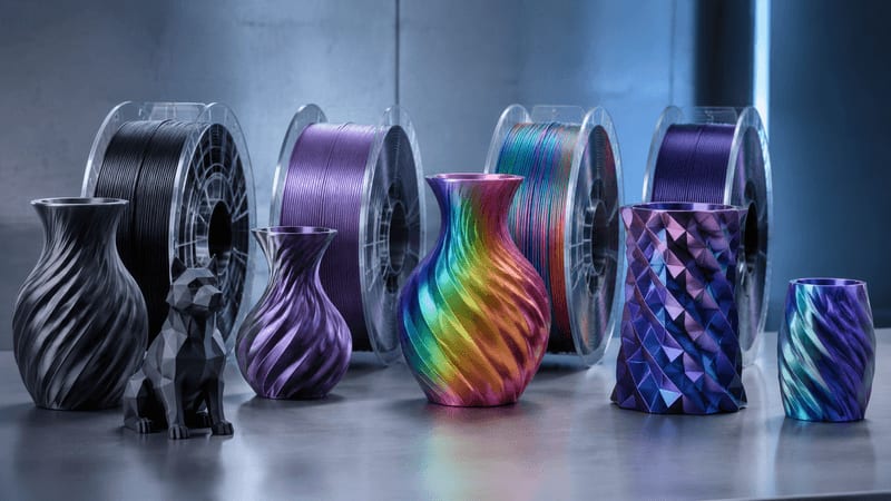matte, silk, rainbow, and dual-color decorative prints arranged to show finish and color transition