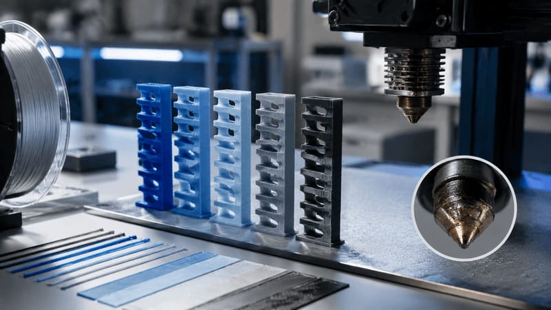 temperature tower samples, extrusion lines, nozzle detail, and clean test coupons