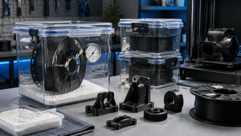 nylon drying workflow with dry box, hygrometer, desiccant, sealed spool, and engineering printed parts