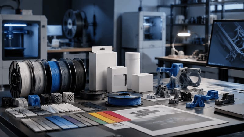 OEM filament development workflow with color samples, formulation trials, packaging prototypes, and approval spools