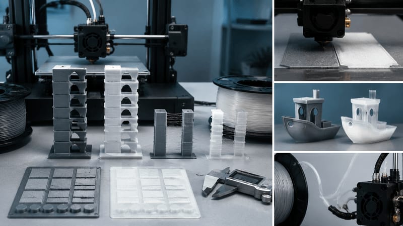 FDM calibration samples comparing PLA and PETG process behavior