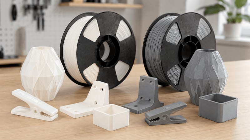 PLA and PETG printed sample parts arranged for material selection