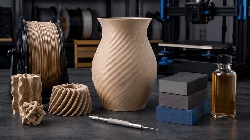 wood-filled PLA vase and decorative parts with sanding blocks, finishing tools, and warm workshop lighting