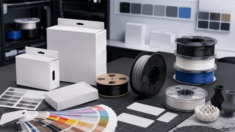 private-label filament packaging development with blank boxes, labels, spool options, and retail mockups
