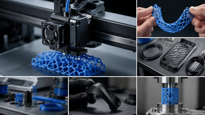 flexible TPU lattice, gasket, phone case, strap, direct-drive extruder detail, and test bench